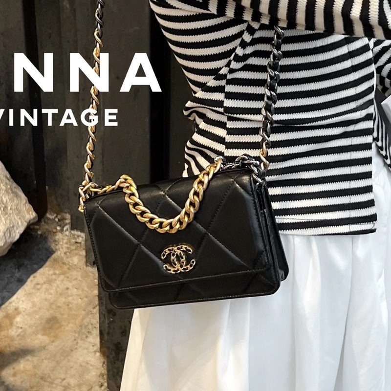 美到心巴上🤤超便宜😍Chanel 香奈兒黑金菱格紋19bag全皮鏈條woc單肩斜挎包-7