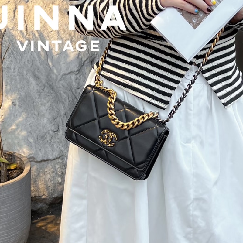 美到心巴上🤤超便宜😍Chanel 香奈兒黑金菱格紋19bag全皮鏈條woc單肩斜挎包-8