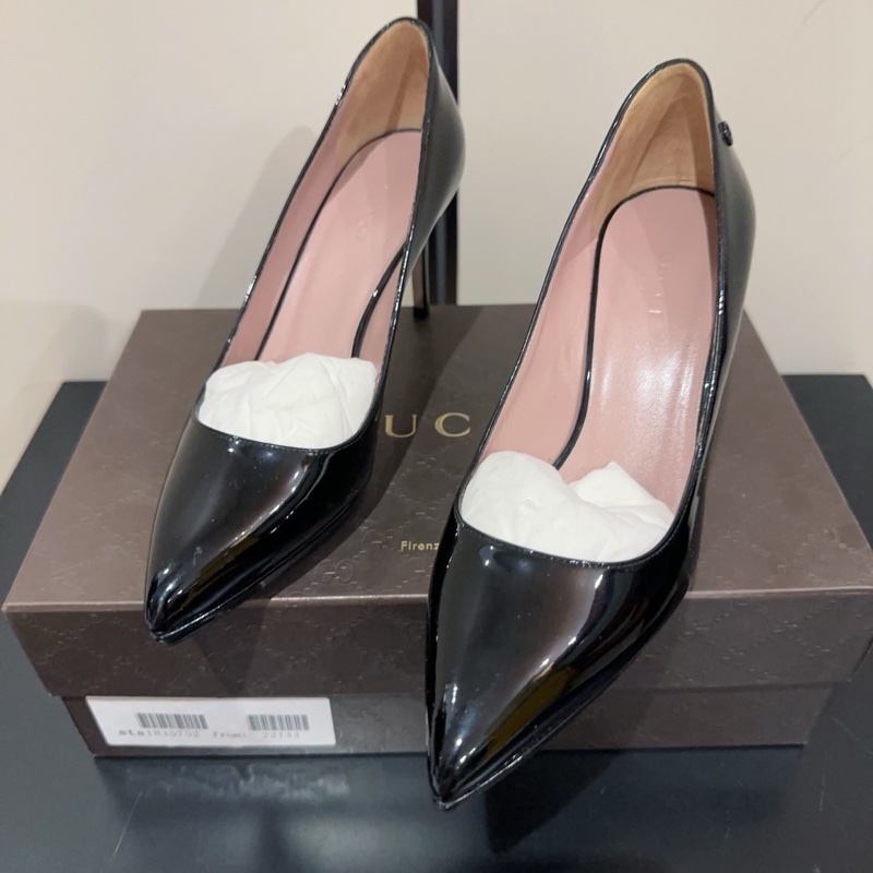 99新Gucci 古馳 雙G 鞋跟logo 漆皮尖頭高跟鞋 跟高8cm 氣質百搭 女款 黑色-0