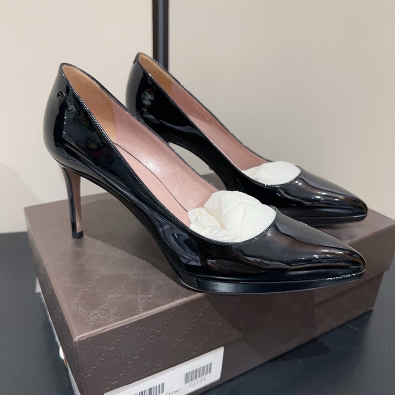 99新Gucci 古馳 雙G 鞋跟logo 漆皮尖頭高跟鞋 跟高8cm 氣質百搭 女款 黑色-1