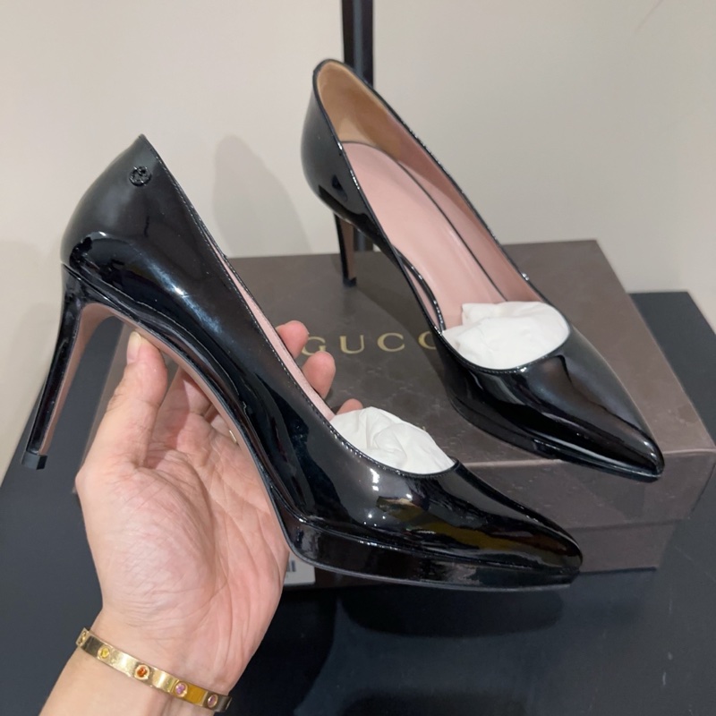 99新Gucci 古馳 雙G 鞋跟logo 漆皮尖頭高跟鞋 跟高8cm 氣質百搭 女款 黑色-2