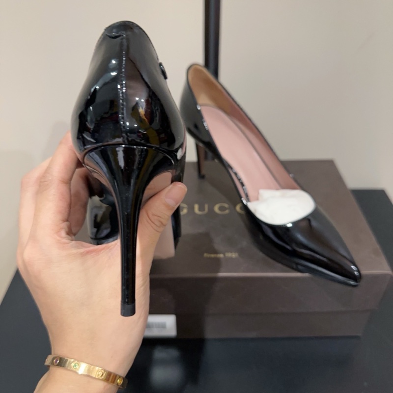 99新Gucci 古馳 雙G 鞋跟logo 漆皮尖頭高跟鞋 跟高8cm 氣質百搭 女款 黑色-4