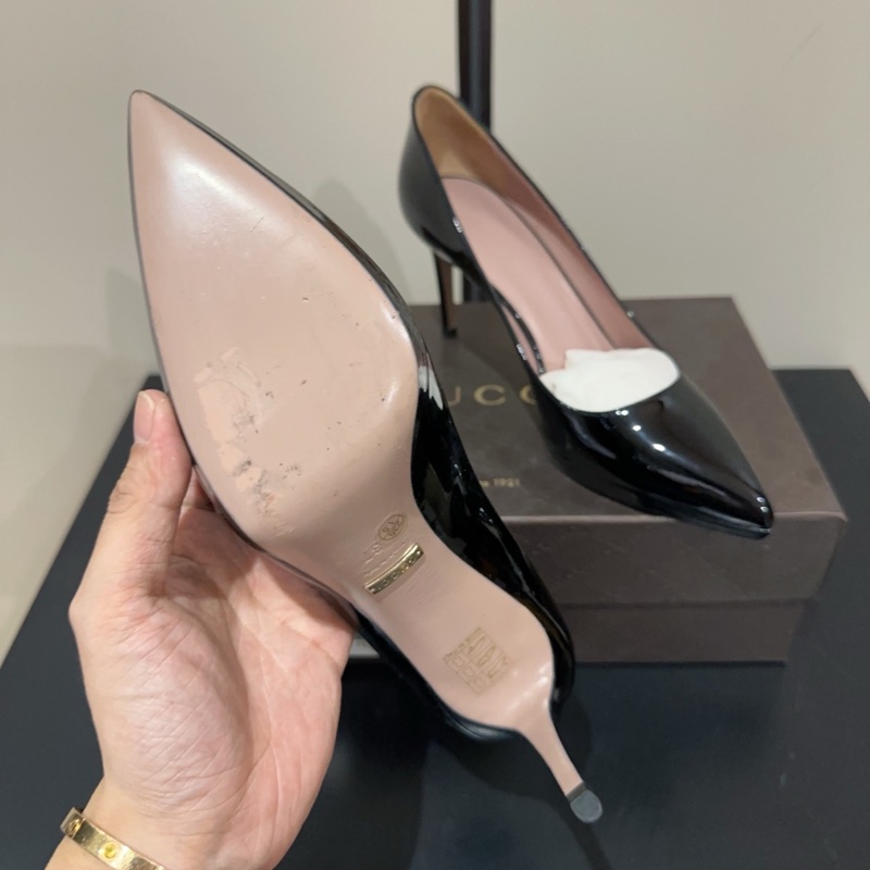 99新Gucci 古馳 雙G 鞋跟logo 漆皮尖頭高跟鞋 跟高8cm 氣質百搭 女款 黑色-5