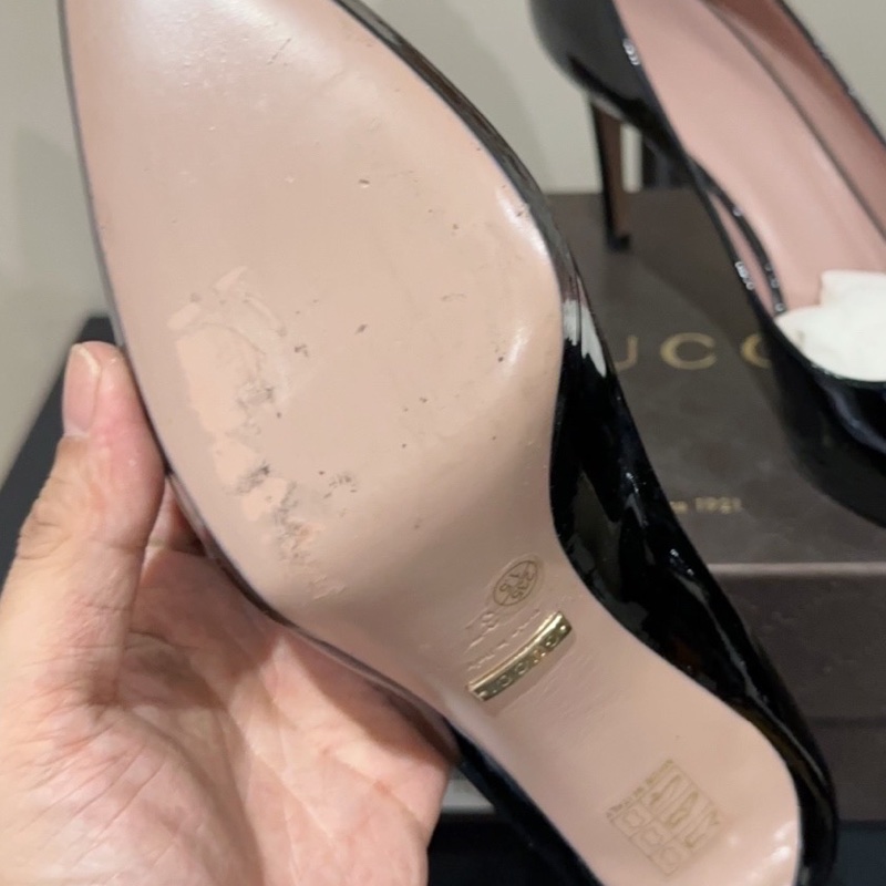 99新Gucci 古馳 雙G 鞋跟logo 漆皮尖頭高跟鞋 跟高8cm 氣質百搭 女款 黑色-6