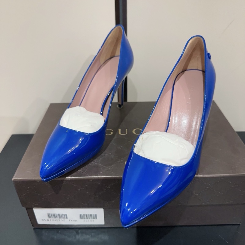 99新Gucci 古馳 雙G 鞋跟logo 尖頭高跟鞋 跟高8cm 36.5碼氣質百搭 女款 電光藍色-0