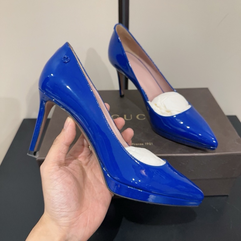 99新Gucci 古馳 雙G 鞋跟logo 尖頭高跟鞋 跟高8cm 36.5碼氣質百搭 女款 電光藍色-2