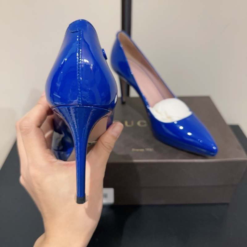99新Gucci 古馳 雙G 鞋跟logo 尖頭高跟鞋 跟高8cm 36.5碼氣質百搭 女款 電光藍色-3