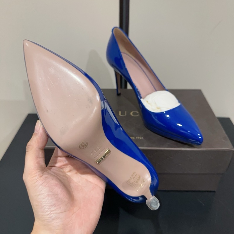 99新Gucci 古馳 雙G 鞋跟logo 尖頭高跟鞋 跟高8cm 36.5碼氣質百搭 女款 電光藍色-5