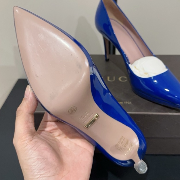 99新Gucci 古馳 雙G 鞋跟logo 尖頭高跟鞋 跟高8cm 36.5碼氣質百搭 女款 電光藍色-6