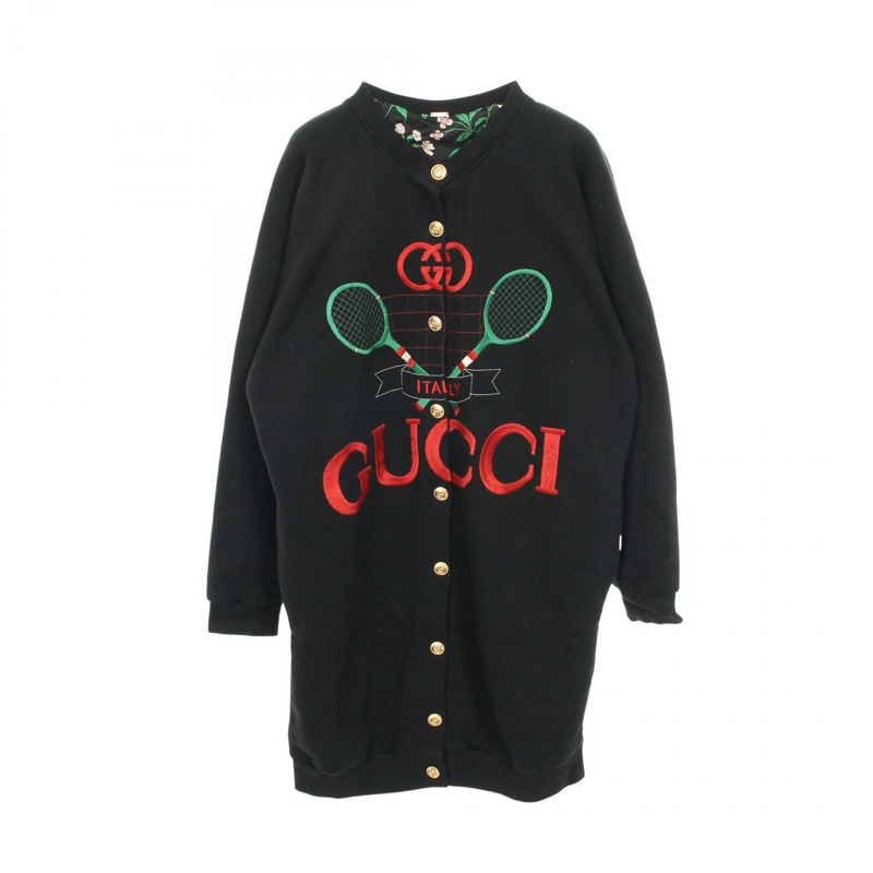 GUCCI 網球長版開襟外套，棉滌混紡，黑綠紅三色，二手，S碼-0