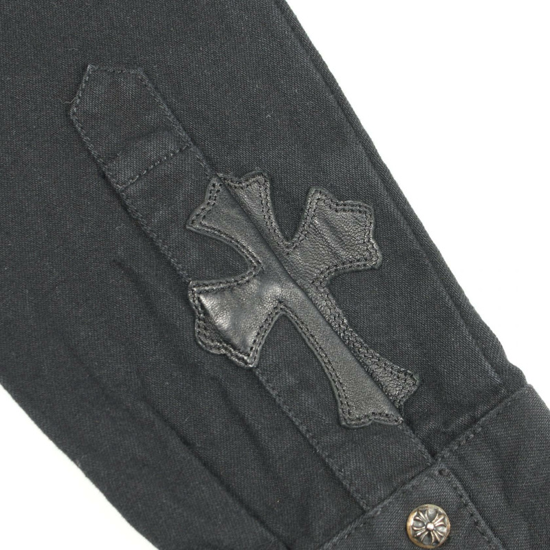 鉻心 (CHROME HEARTS) 臂章十字貼片球形紐扣牛仔襯衫,純棉黑色,二手男款-12