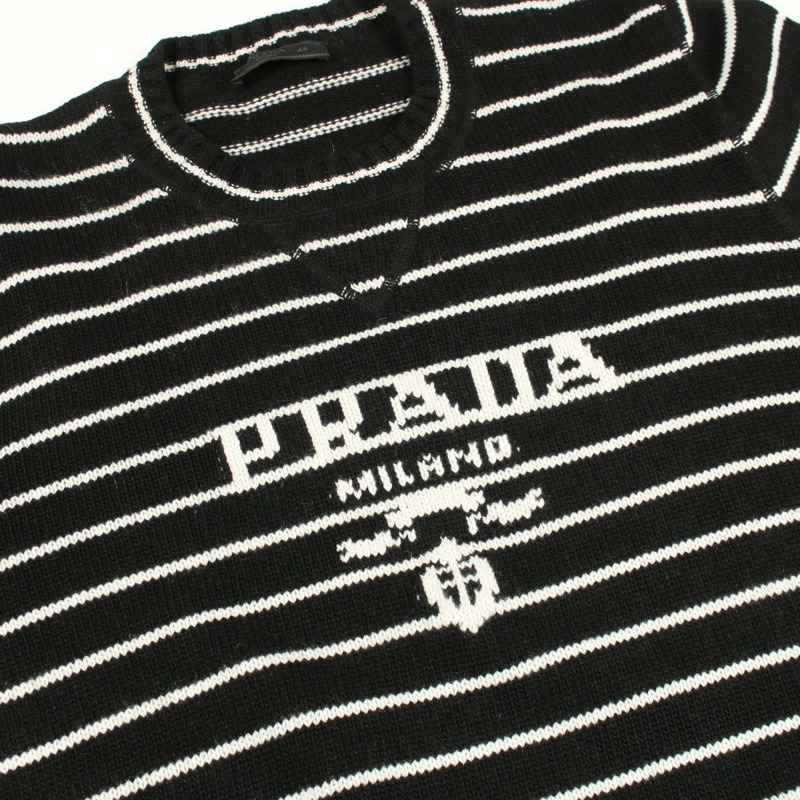 PRADA 針織毛衣 UMB481 羊毛羊絨黑白條紋二手男款 #48-6