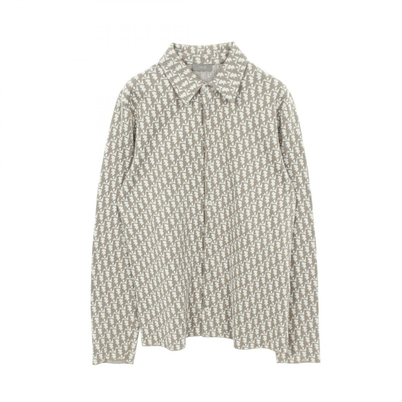Christian Dior Oblique針織襯衫,純棉,白色/棕色,S碼,二手男款-0