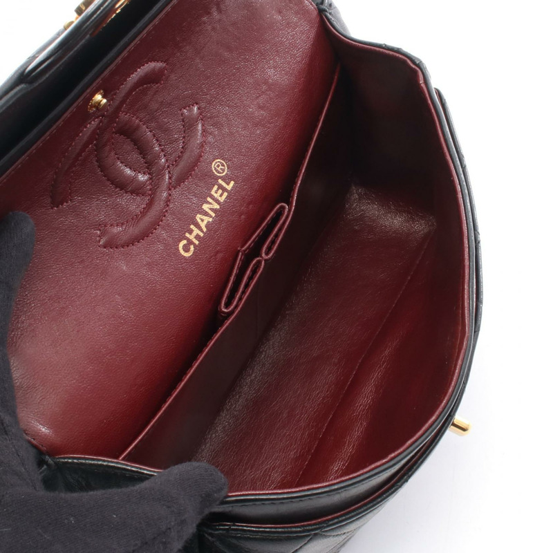 香奈兒 (CHANEL) Matelasse W 翻蓋鏈條單肩背包 A01113 羊皮黑 二手 金色五金-2