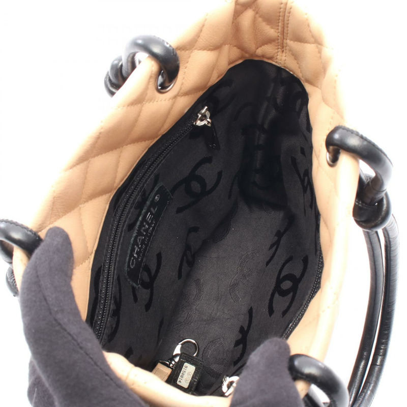 香奈兒 Cambon 系列小號手提包 A25166 皮革 米色 黑色 二手 女士 SHW-2