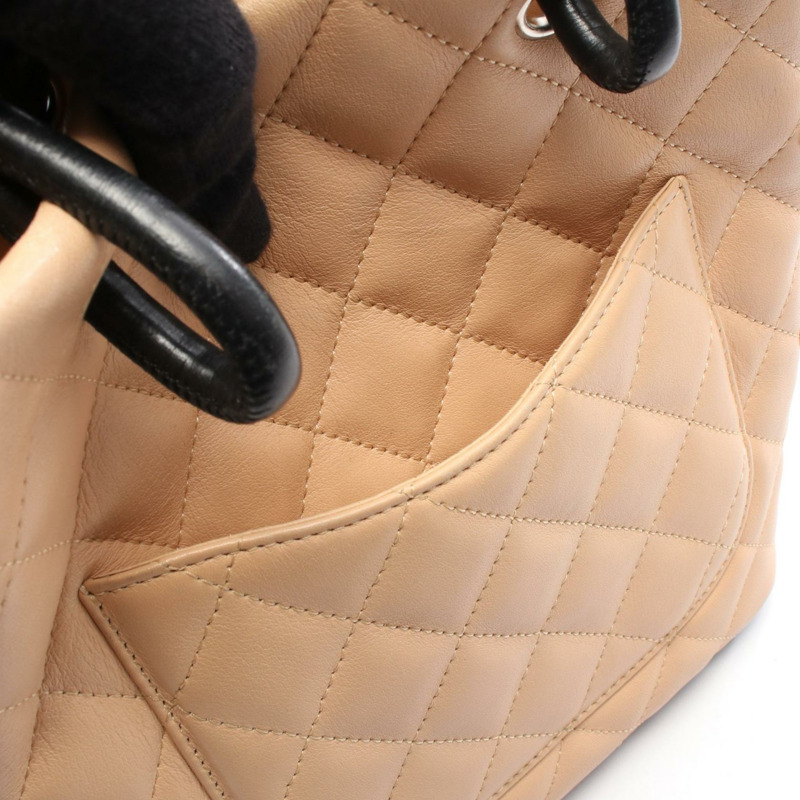 香奈兒 Cambon 系列小號手提包 A25166 皮革 米色 黑色 二手 女士 SHW-5