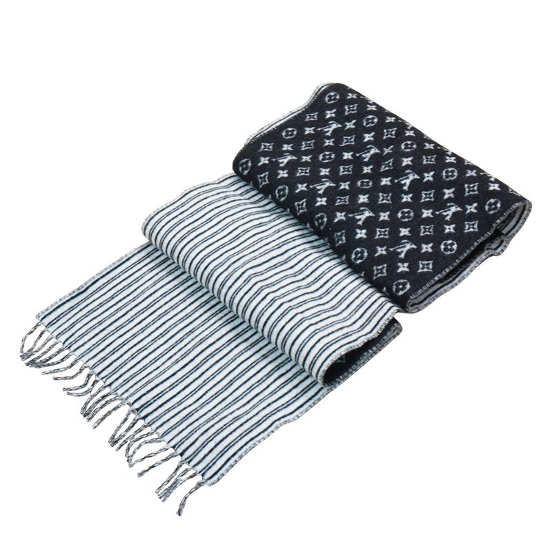 Louis Vuitton 字花Logo條紋羊毛圍巾(黑白)-1