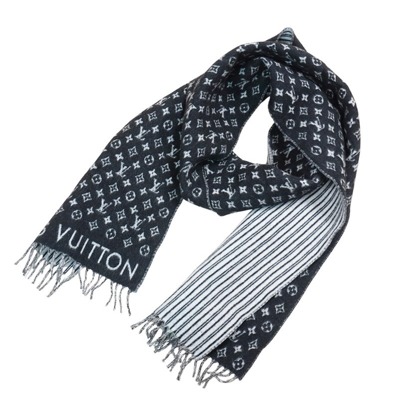 Louis Vuitton 字花Logo條紋羊毛圍巾(黑白)-4