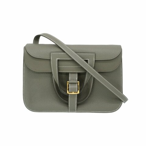 Hermes 展示品 Halzan 31 牛皮手提/斜背兩用包(AG灰/金釦)