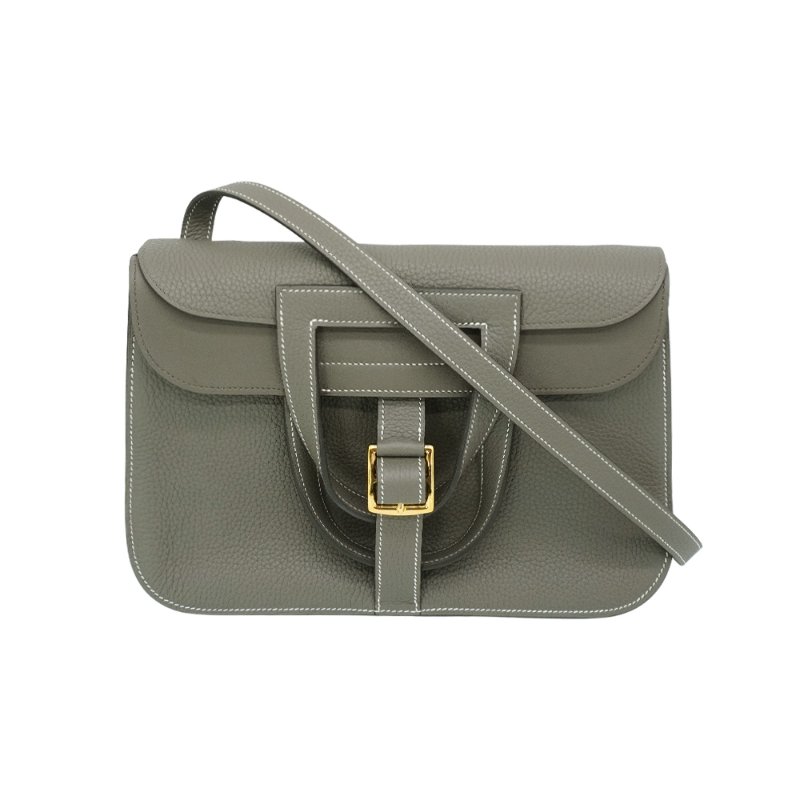 Hermes 展示品 Halzan 31 牛皮手提/斜背兩用包(AG灰/金釦)-0