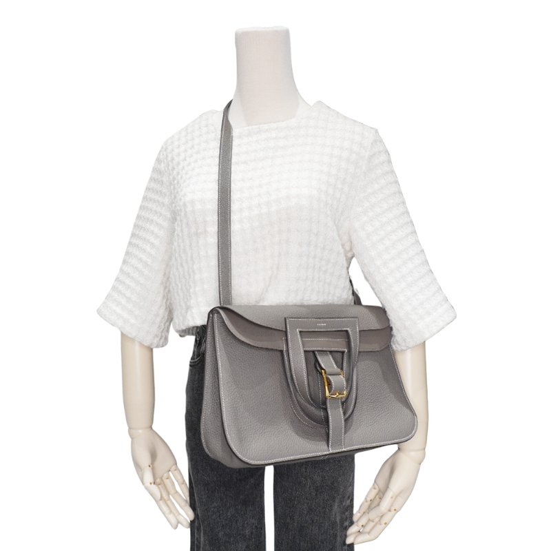 Hermes 展示品 Halzan 31 牛皮手提/斜背兩用包(AG灰/金釦)-5