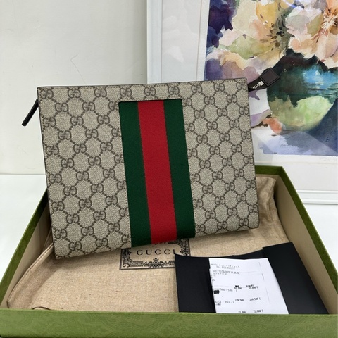 GUCCI古馳老花Logo條紋織布手拿包盥洗包+ 雙G手拿包 閒置未使用品 有購證