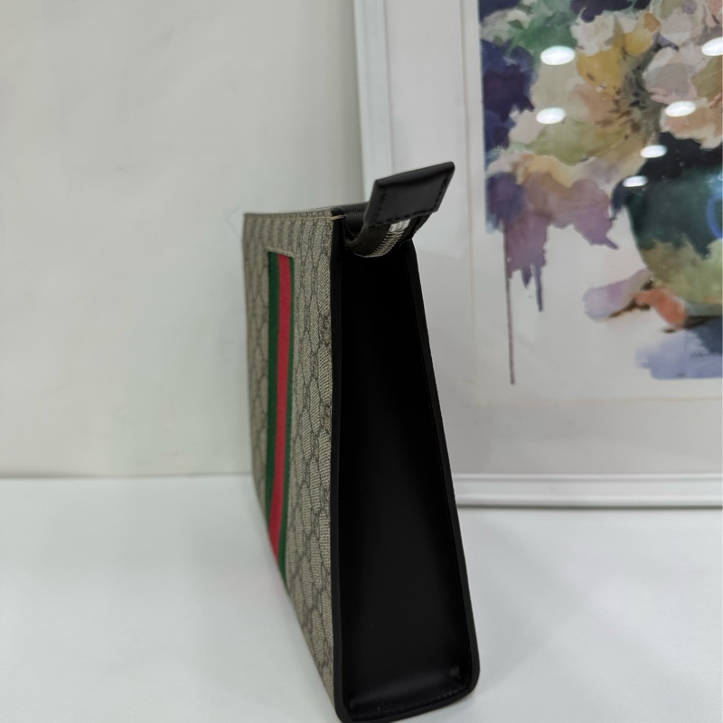GUCCI古馳老花Logo條紋織布手拿包盥洗包+ 雙G手拿包 閒置未使用品 有購證-3