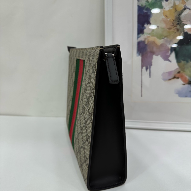 GUCCI古馳老花Logo條紋織布手拿包盥洗包+ 雙G手拿包 閒置未使用品 有購證-4