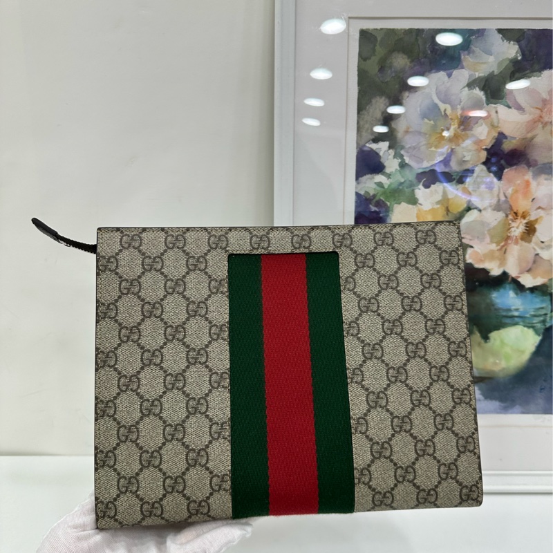 GUCCI古馳老花Logo條紋織布手拿包盥洗包+ 雙G手拿包 閒置未使用品 有購證-6