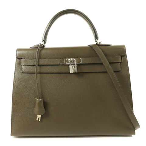 HERMES Chevre皮革Kelly 35銀扣手挽肩背兩用袋Vert Olive