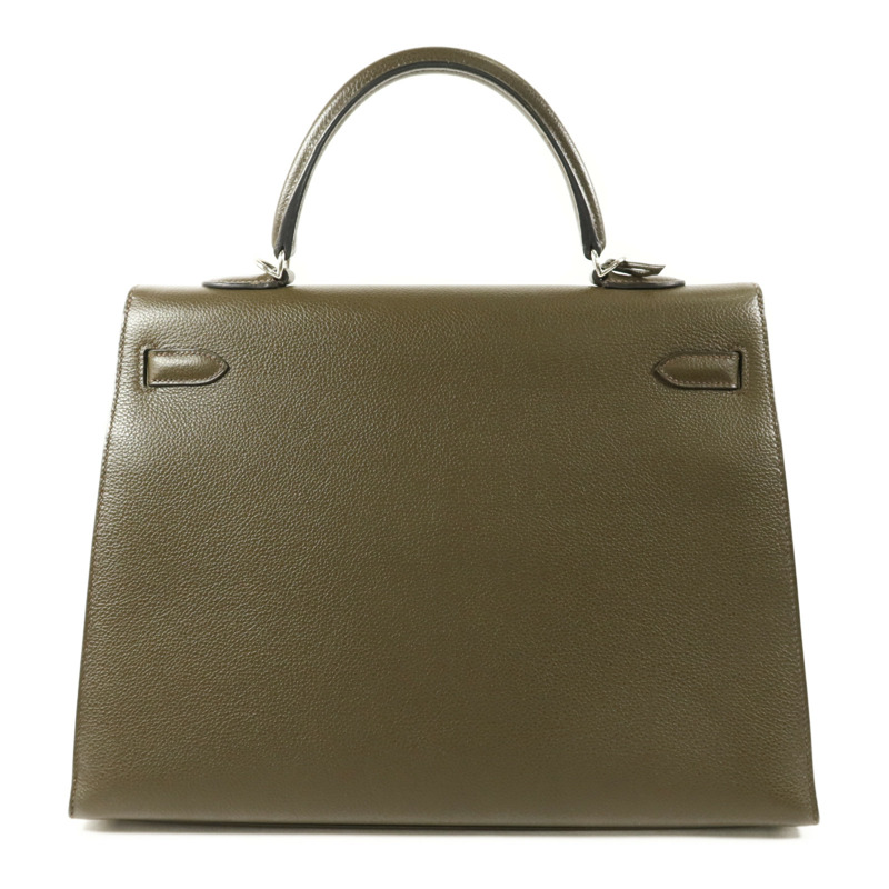 HERMES Chevre皮革Kelly 35銀扣手挽肩背兩用袋Vert Olive-1