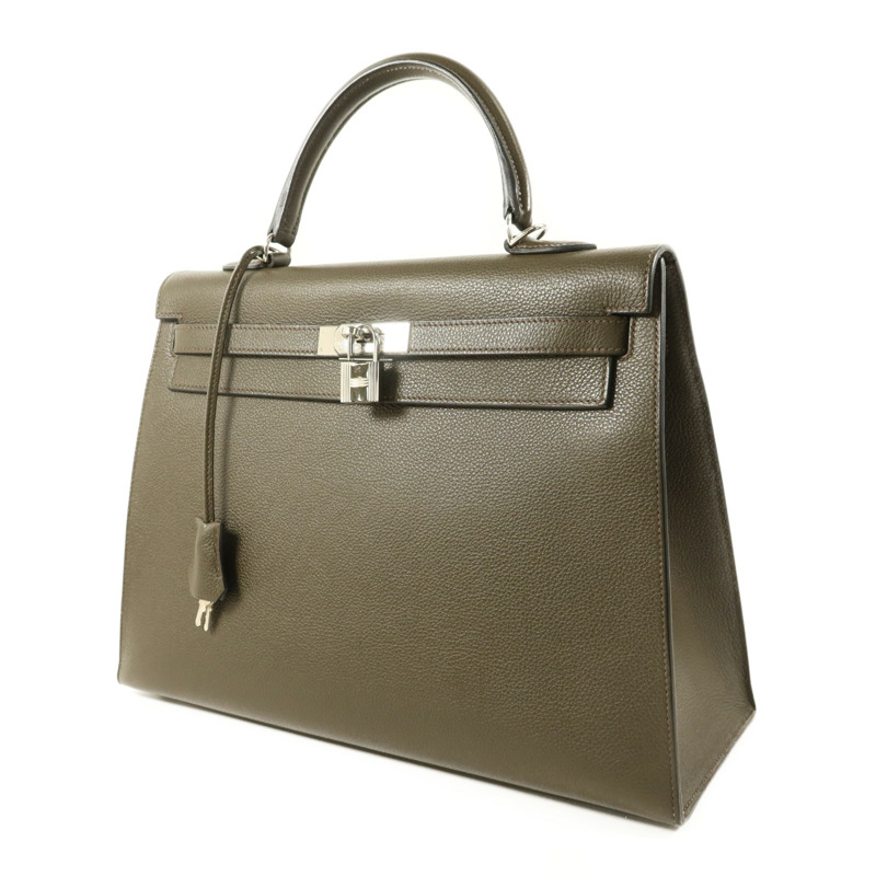 HERMES Chevre皮革Kelly 35銀扣手挽肩背兩用袋Vert Olive-2