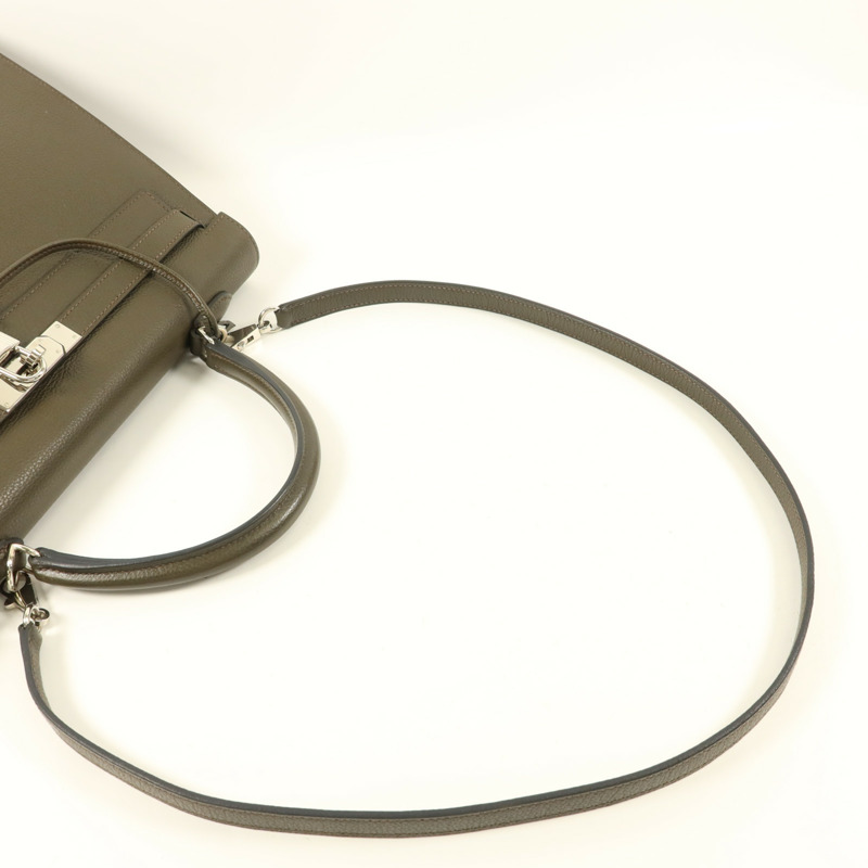 HERMES Chevre皮革Kelly 35銀扣手挽肩背兩用袋Vert Olive-4