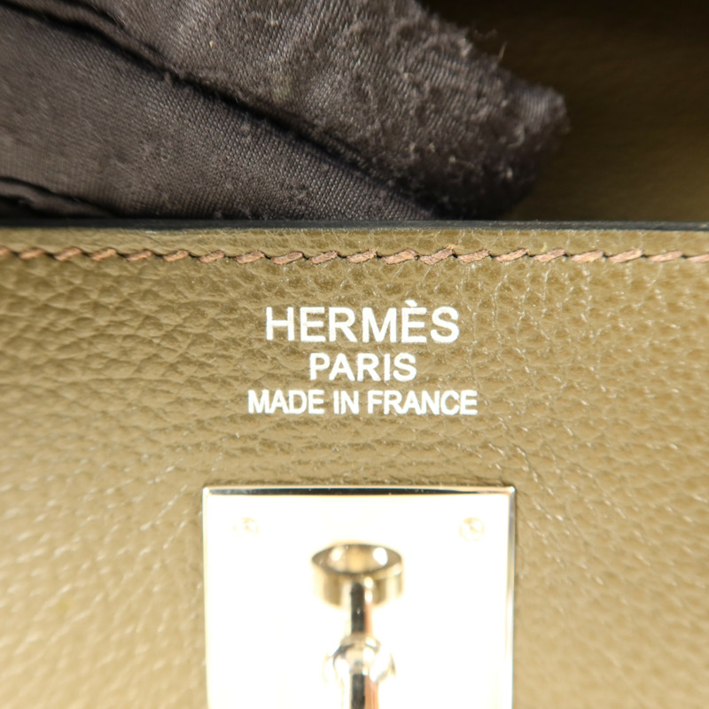 HERMES Chevre皮革Kelly 35銀扣手挽肩背兩用袋Vert Olive-6