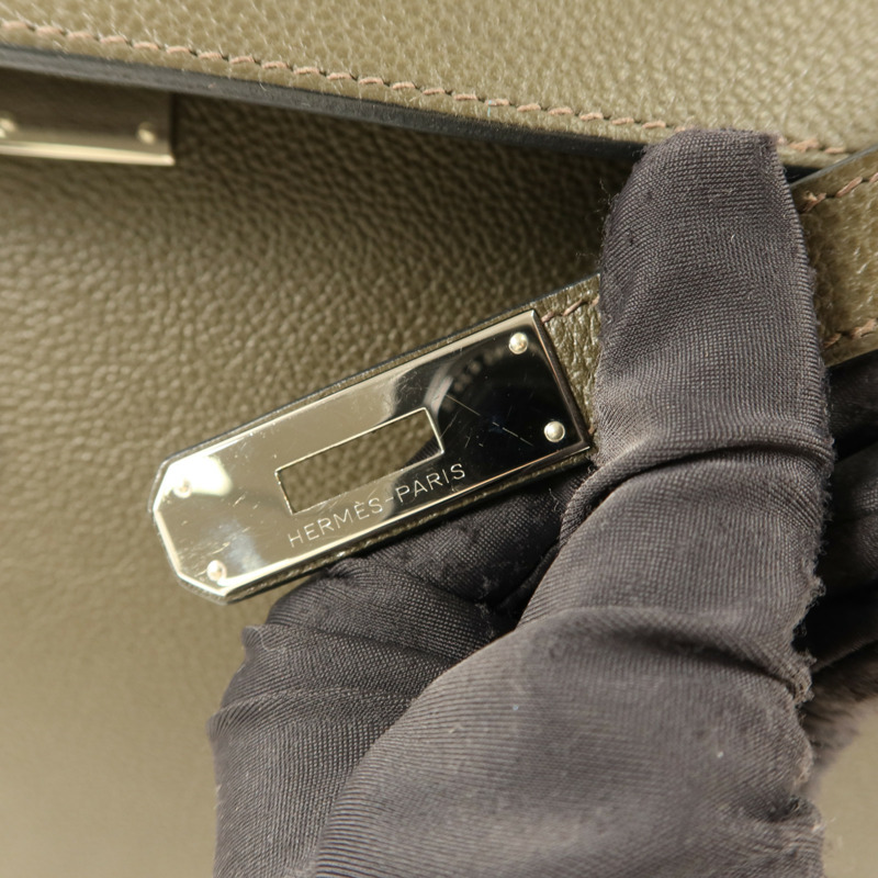 HERMES Chevre皮革Kelly 35銀扣手挽肩背兩用袋Vert Olive-9