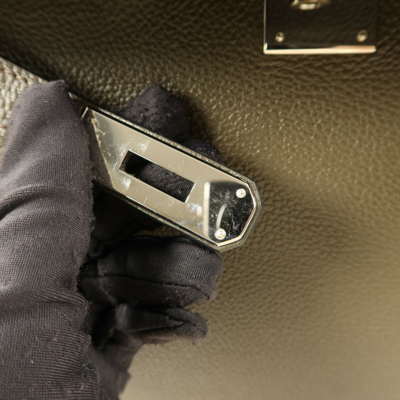 HERMES Chevre皮革Kelly 35銀扣手挽肩背兩用袋Vert Olive-10