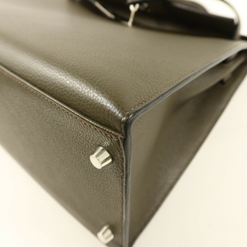 HERMES Chevre皮革Kelly 35銀扣手挽肩背兩用袋Vert Olive-13