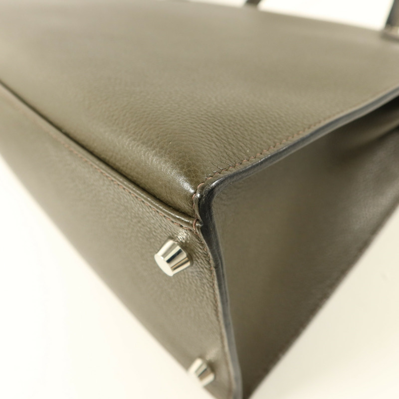 HERMES Chevre皮革Kelly 35銀扣手挽肩背兩用袋Vert Olive-15