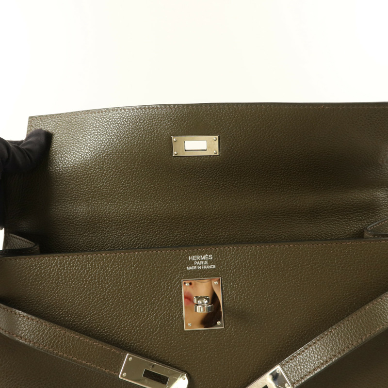 HERMES Chevre皮革Kelly 35銀扣手挽肩背兩用袋Vert Olive-17