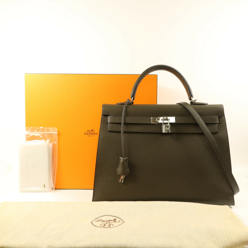 HERMES Chevre皮革Kelly 35銀扣手挽肩背兩用袋Vert Olive-18