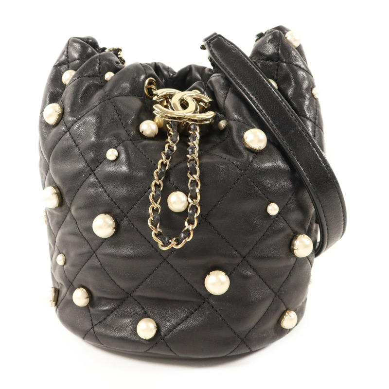 CHANEL 羊皮皮革/珍珠Pearl Bucket Bag金扣鏈帶肩背袋-0