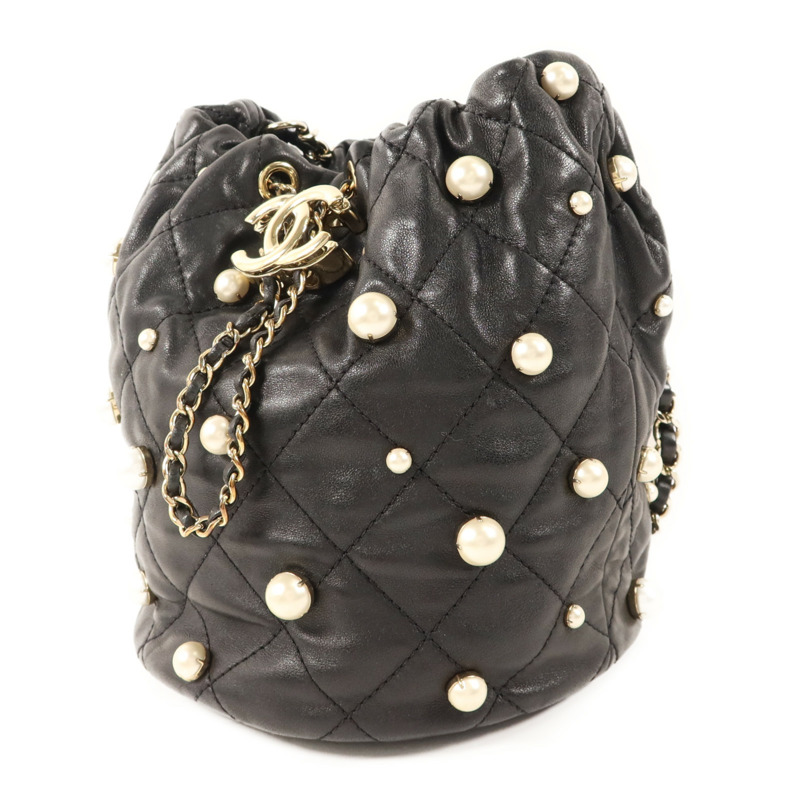 CHANEL 羊皮皮革/珍珠Pearl Bucket Bag金扣鏈帶肩背袋-2