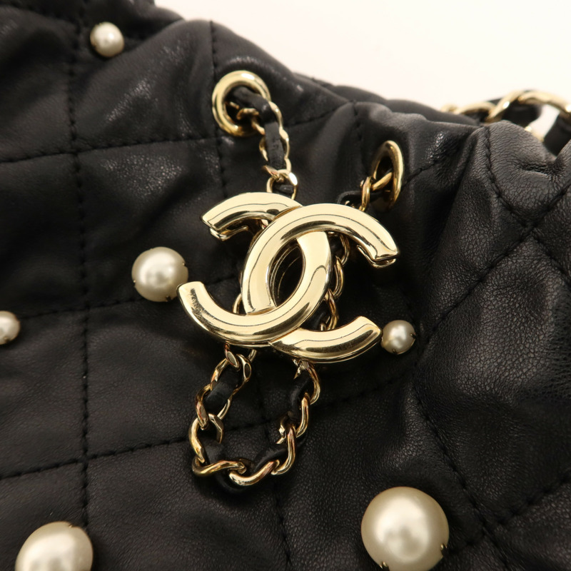 CHANEL 羊皮皮革/珍珠Pearl Bucket Bag金扣鏈帶肩背袋-10