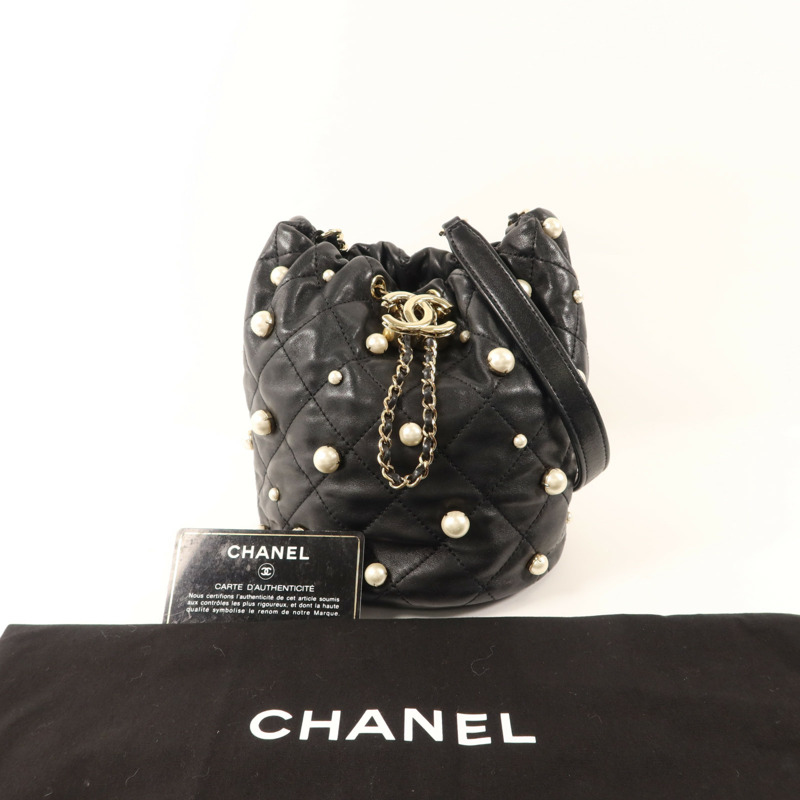 CHANEL 羊皮皮革/珍珠Pearl Bucket Bag金扣鏈帶肩背袋-16