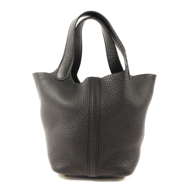 HERMES Clemence皮革Picotin PM金扣手挽袋Noir-1