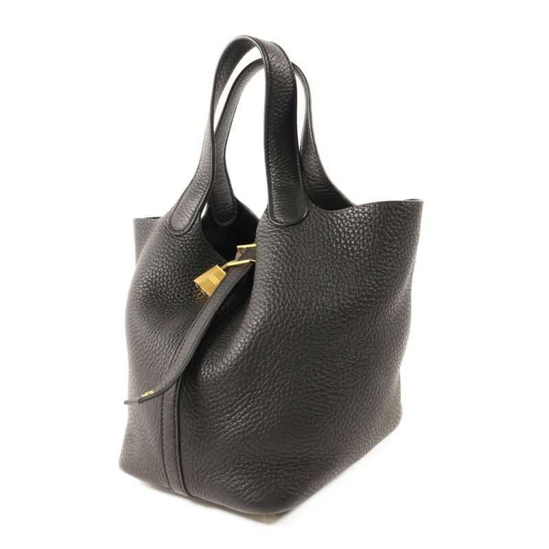 HERMES Clemence皮革Picotin PM金扣手挽袋Noir-2