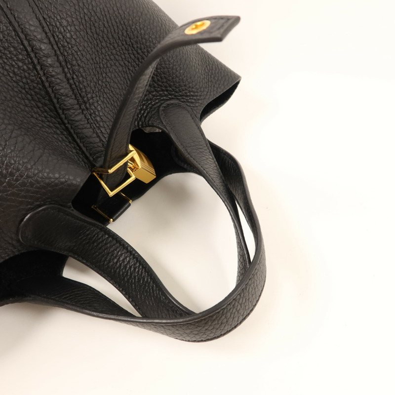 HERMES Clemence皮革Picotin PM金扣手挽袋Noir-4