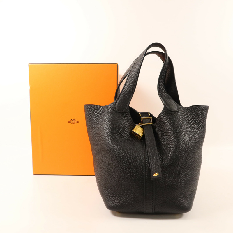 HERMES Clemence皮革Picotin PM金扣手挽袋Noir-13