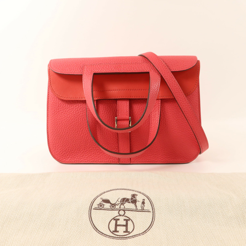 HERMES Clemence皮革Halzan 25銀扣手挽肩背兩用袋Rose Extreme-14