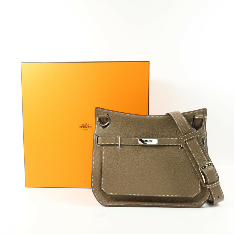 HERMES Clemence皮革Jypsiere 28銀扣肩背袋Etoupe-16